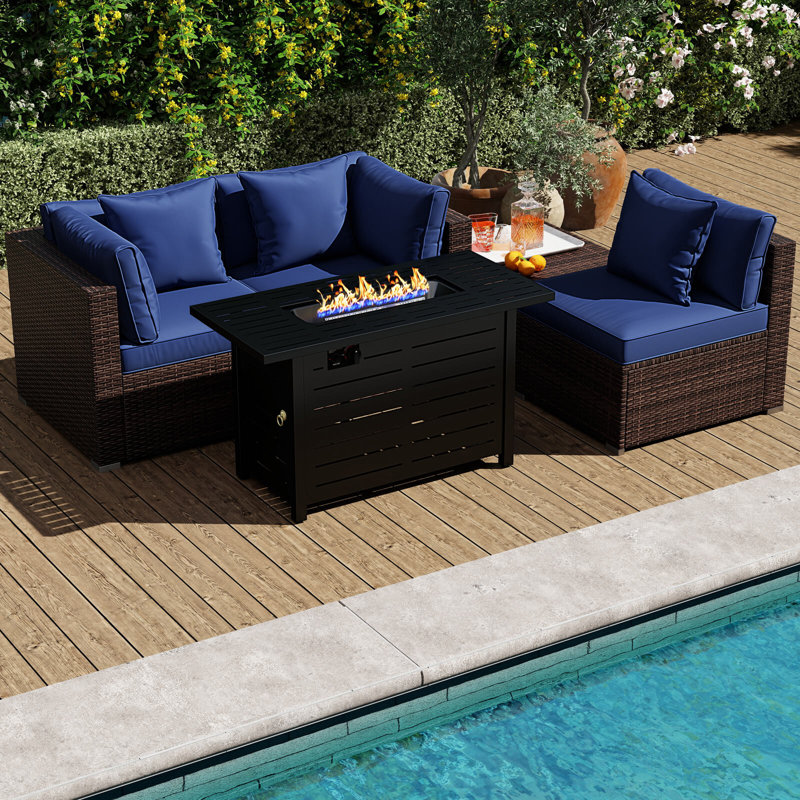 Ensemble de 5 meubles de patio en rotin avec cadre et table de foyer 60 000 BTU, Marine