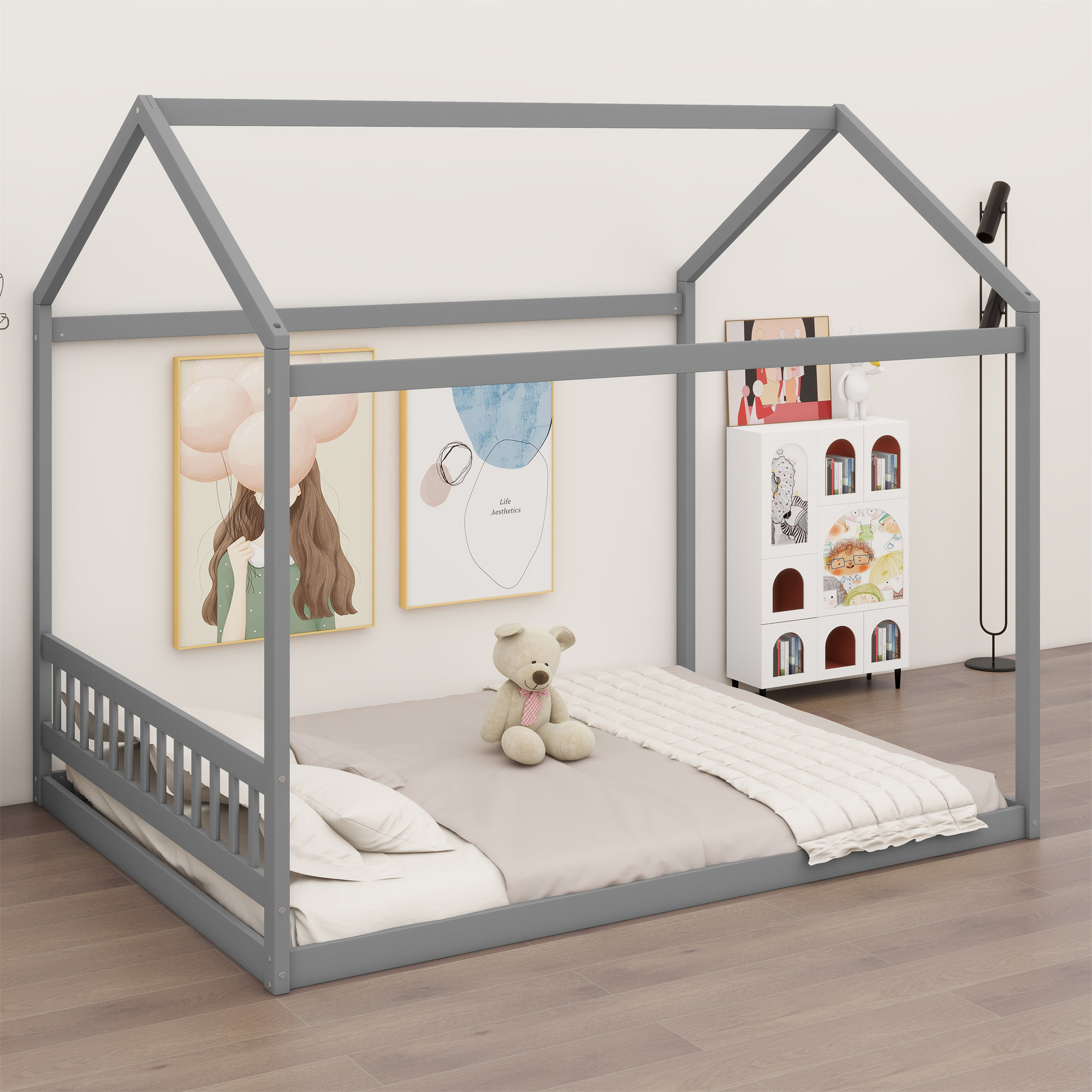 Queen Size Wooden House Bed with Headboard - Gray