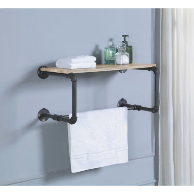 Industrial Oak And Sandy Grey Wall Rack With Metal Frame Practical Wooden Storage Shelf Industrial-Style Support Functional Deck