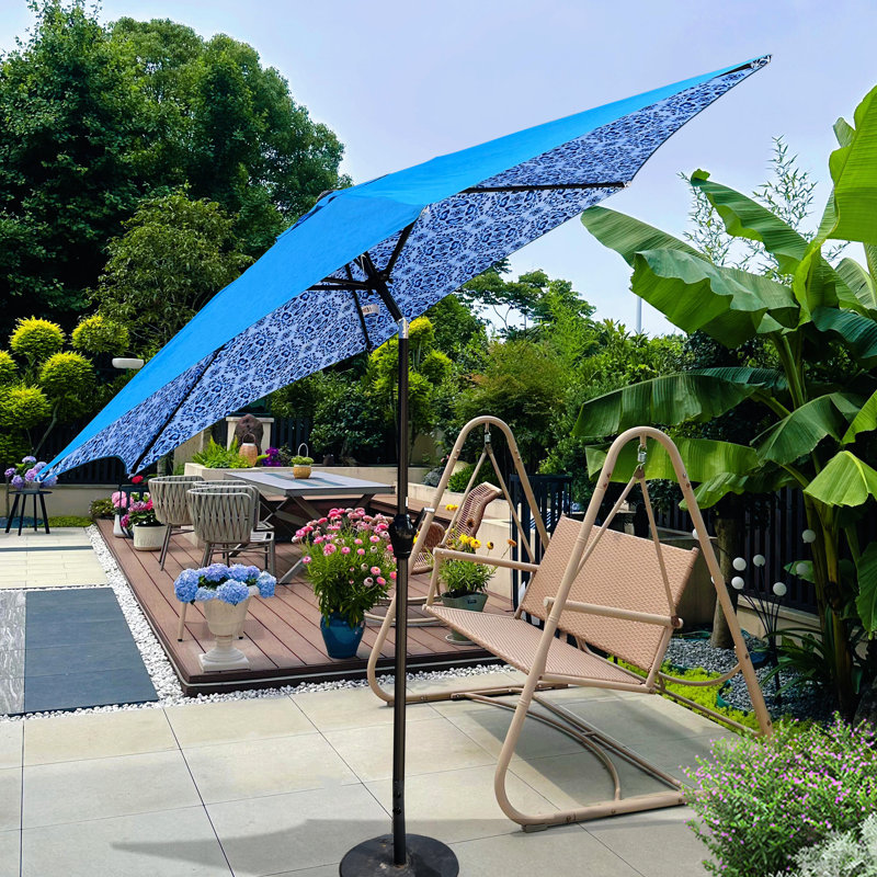 Parasol 9 pi avec abat-jour de jardin, auvent à motif de glace bleue, auvent hexagonal, mât à grain noir argenté, inclinaison à bouton-poussoir, manivelle, évent, eau et bleu extérieur, intempéries