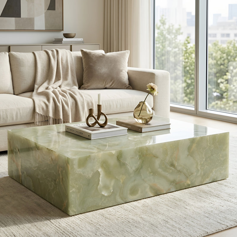 Modern Coffee Table with Faux Marble Design, Rectangular Block Coffee Table For Guest Room/Living Room, No Assembly Required