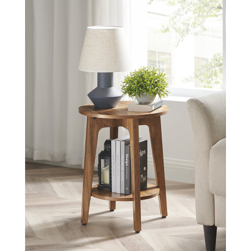 Table d'appoint ronde avec tablette inférieure, table de bout pour les petits espaces, table de chevet pour le salon, chambre à coucher, noyer rustique
