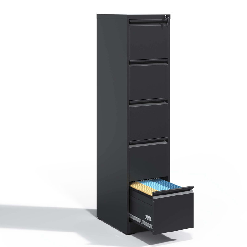 Classeur métallique à 5 tiroirs pour bureau/maison, structure en acier, verrouillable et inclinable, tiroirs à extension complète pour un rangement efficace des documents. Armoire verrouillable avec tiroirs, en acier, au design épuré et organisé.