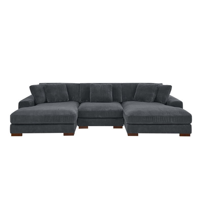 Large Seating Corduroy Upholstered Double Chaise Sectional, Dark Gray Corduroy