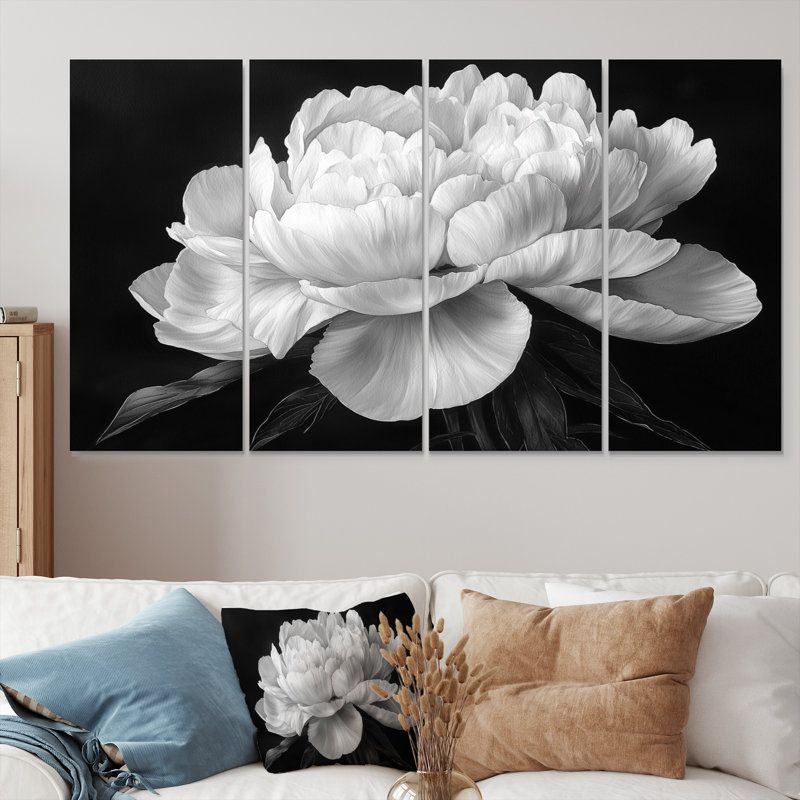 Pivoine blanche et noire Elegnce I - et - art mural traditionnel pour le salon, H 28 po x l 48 po, 4