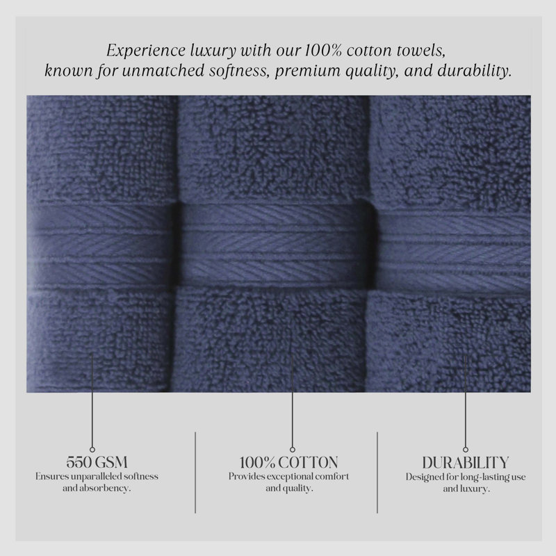 Elegance Essentials 550GSM 100% Cotton Zero Twist Bath Towel Set(1 Bath, 1 Hand Towel & 1 Washcloth), Navy