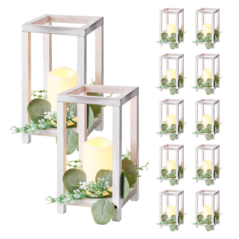Wooden Wedding Lantern Centerpiece, Includes 12 Wooden Lantern Candle Holder 12 Flameless LED Candle 12 Eucalyptus Leaves Wreath for Wedding Table Party Farmhouse Decor, White