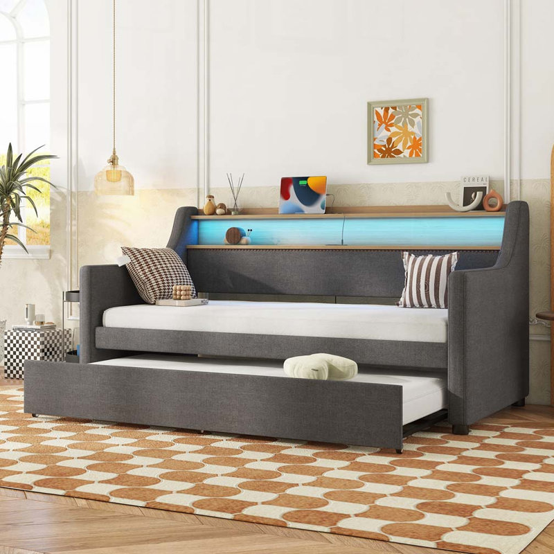Daybed with Trundle, Upholstered Daybed with Charging Station and LED Lights, Gray
