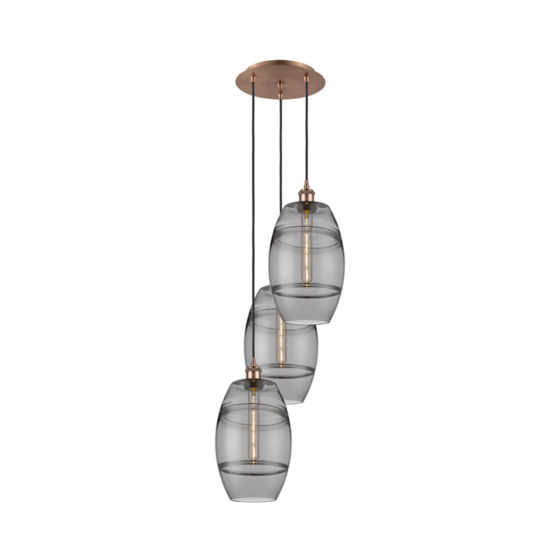Luminaire suspendu rond / ovale 3 lumières Dundrod, H 30,38 po x l 14,5 po x P 14,5 po, Gris fumée clair, Cuivre antique