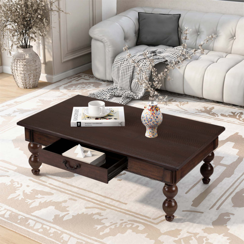 Table basse vintage rétro en bois avec rangement, pieds en forme de gourde, assemblage sans outils pour une installation facile