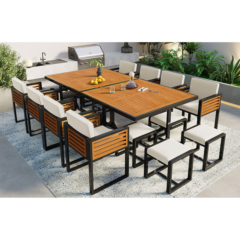 Ensemble de salle à manger de jardin en bois d'acacia 18 pièces GO, ensemble de patio extérieur peu encombrant, 8 chaises rembourrées, 8 repose-pieds et 2 tables carrées pour la cour, le jardin, la terrasse et la piscine, beige