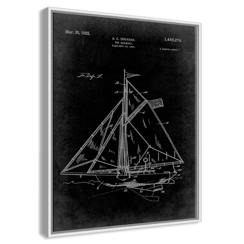 Voilier 1 «Blueprint - Black - Floater Frame», impression sur toile, Cadre blanc, H 28 po x l 22 po x P 2 po