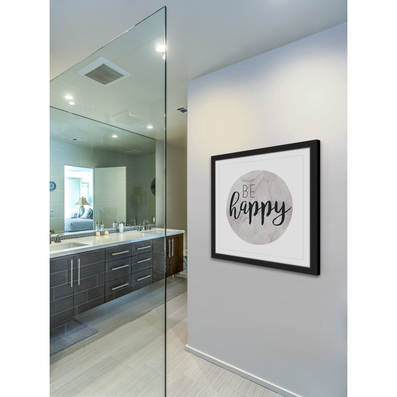 Reproduction d’art textuel sur papier encadrée « be happy » par Diana Alcala, H 24 po x l 24 po x P 1,5 po