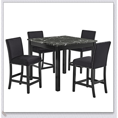 Ensemble de salle à manger à hauteur de comptoir 5 pièces avec table en faux marbre, chaises capitonnées et pieds en bois pour une salle à manger élégante
