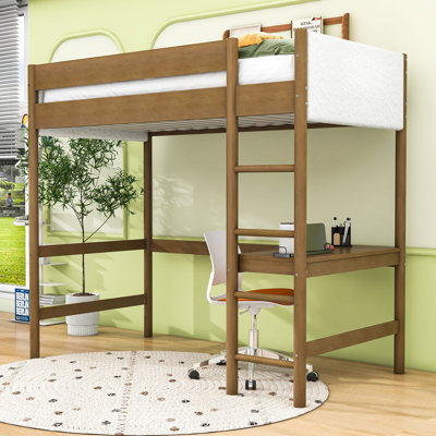 Twin Wooden Loft Bed With Built-In Desk And Teddy Fleece Upholstered Design by Harriet Bee