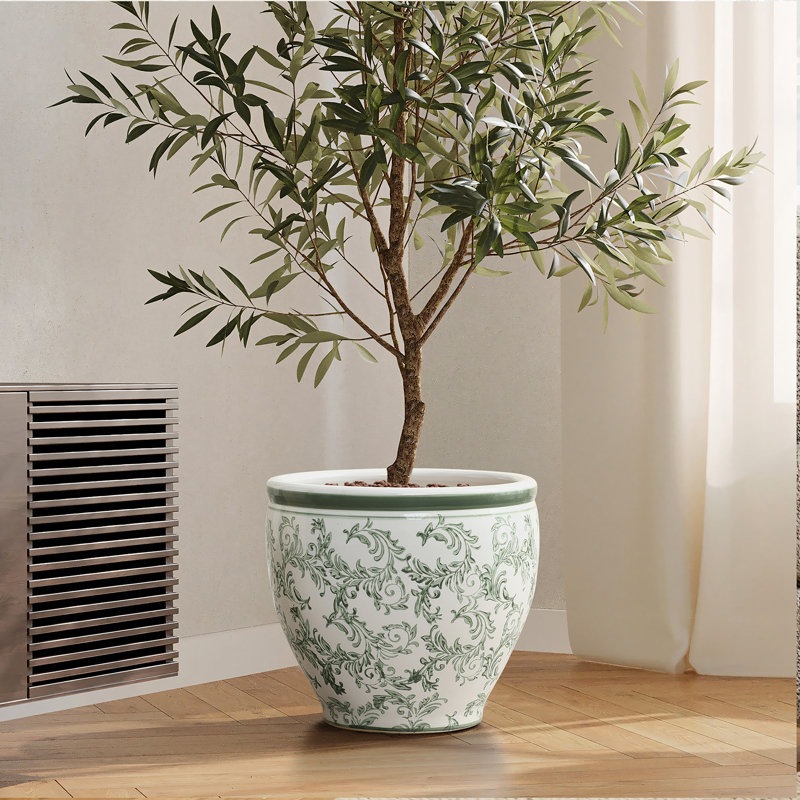 11.4'' Dia Green and White Round Planter Pot, Large Ceramic Pot with Drainage, 10.63" H x 11.42" Diameter