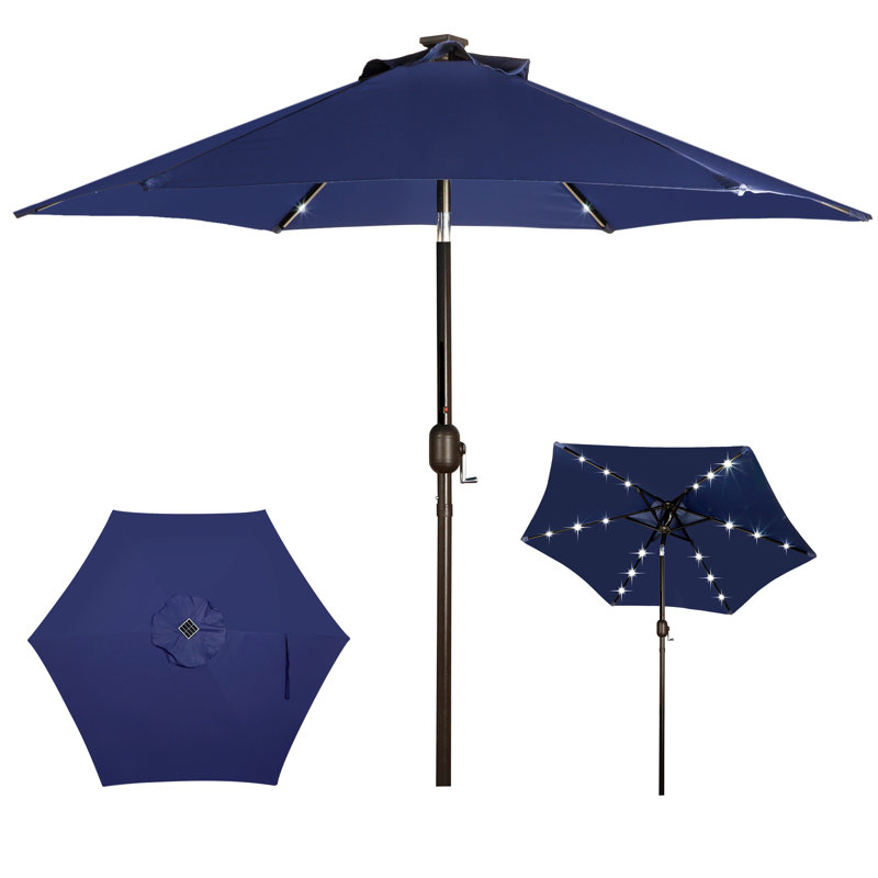 Parasol de marché lumineux 7,5 pi, parasol de patio avec inclinaison et manivelle, bleu marine