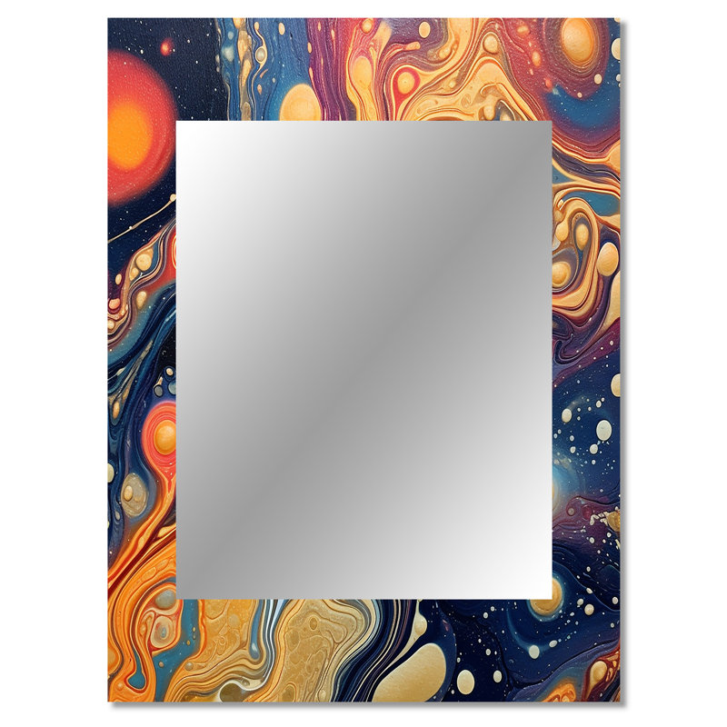 Orange Blue Galactic Universe II - Comets Mirror, Modern Unique Wall Mirror, Printed Metal Art, 40" x 30"