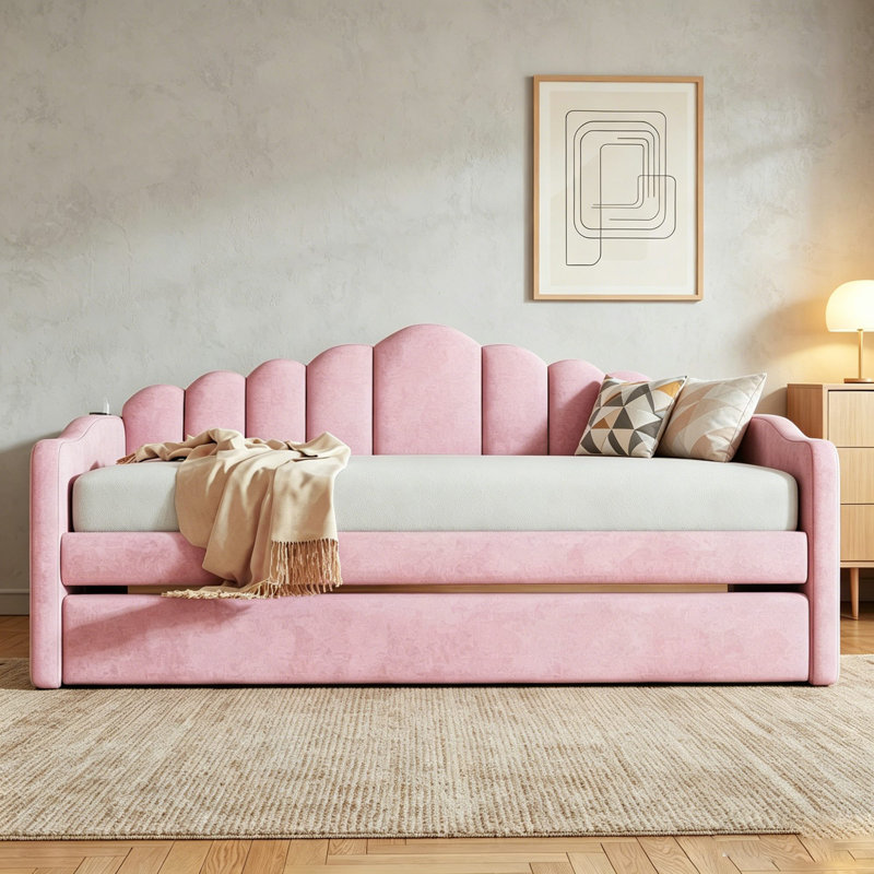 Twin Velvet Upholstered Daybed with Trundle, USB Ports and Pockets, Pink