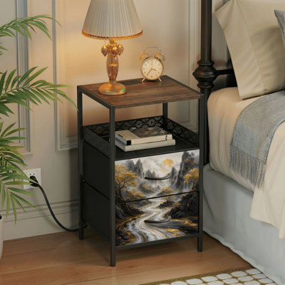 2 Drawers Nightstand with Charging Station, Bedroom Nightstand with USB Ports &amp; Outlets Open Shelf Black, night stand with Golden Trees Abstract River Dark Mountain Landscape Print