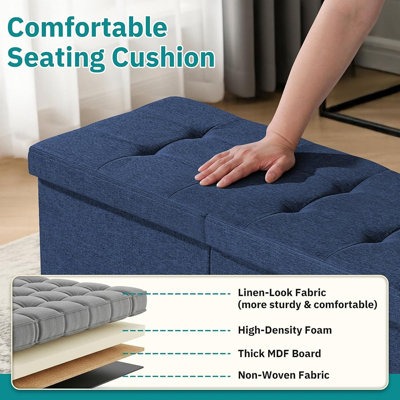 30-Inch Blue Folding Storage Ottoman Bench with Double-Grid Storage, Comfortable Footrest, and Space-Saving Design for Bedroom, Living Room, or Entryway