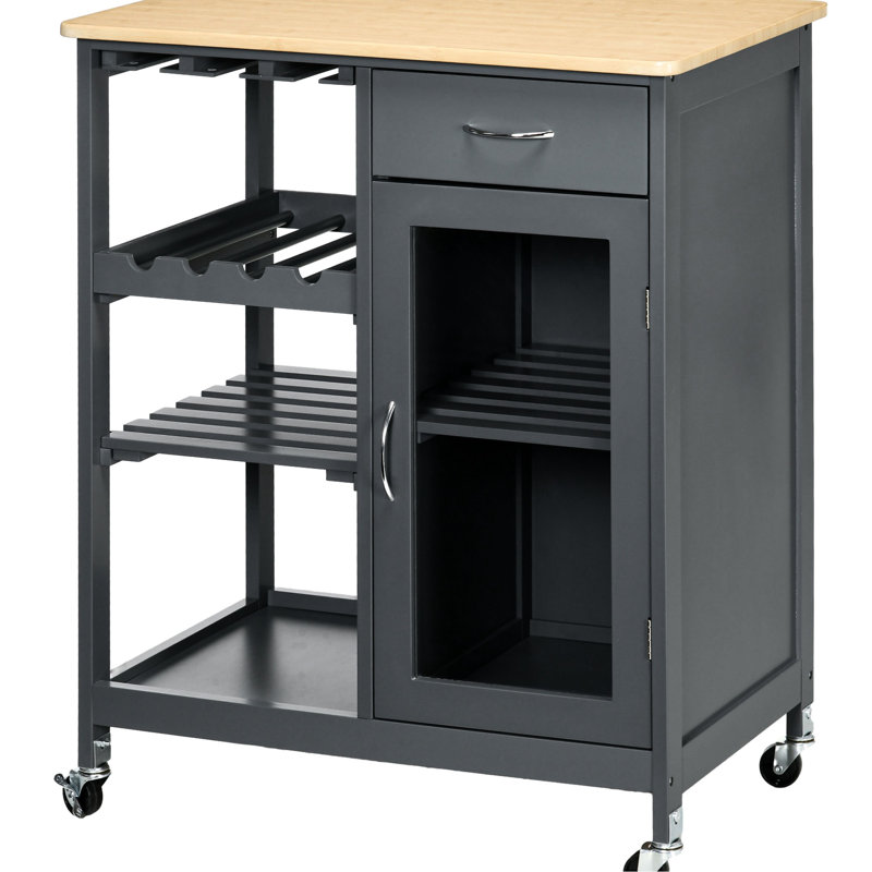 Chariot de cuisine roulant - gris. 4 porte-bouteilles et porte-verres à pied. Tiroir, tablettes d'armoire. Planche. Îlot de l 30 po x P 19 po avec support de rangement et support élégant.