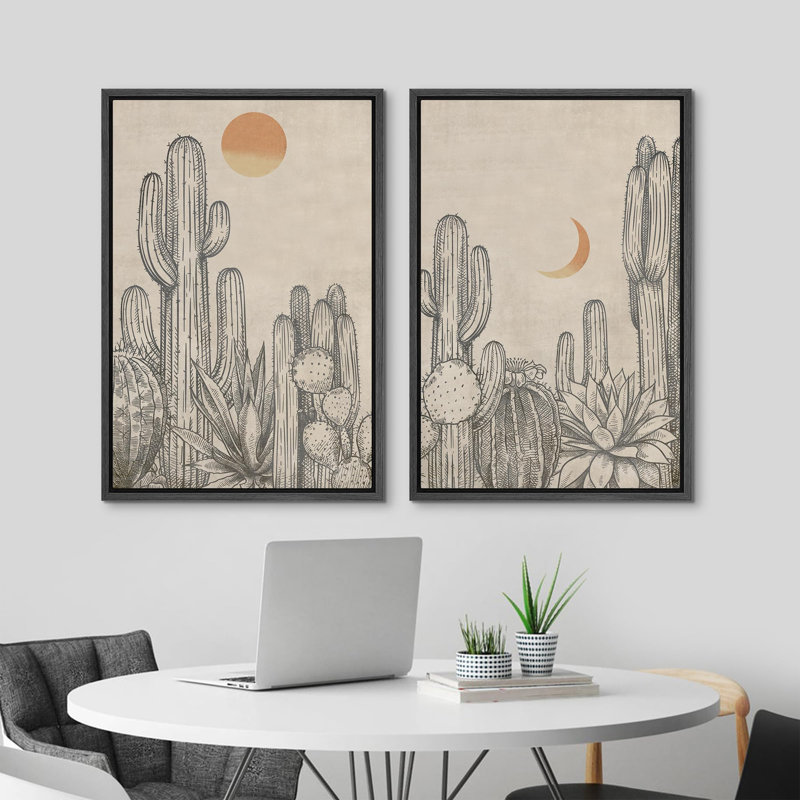 Désert, cactus de la faune avec soleil et lune, art moderne, décor Boho, calme, salon zen, Cadre noir, H 36 po x l 24 po