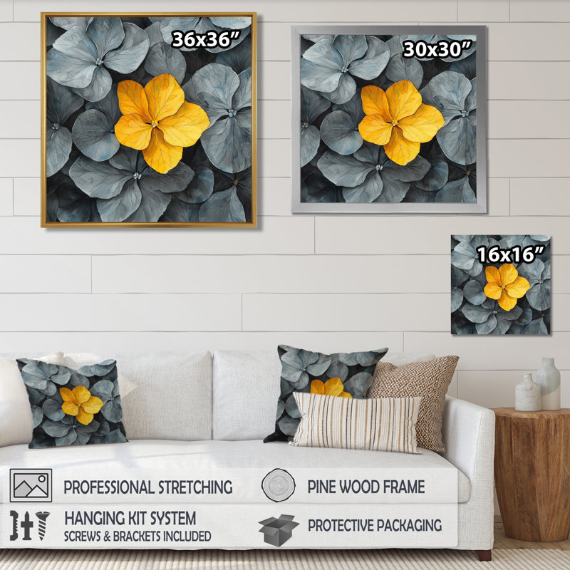Art sur toile d'hydrangées grises avec décor jaune II, Impression encadrée flottante, H 36 po x l 36 po, Argent argent