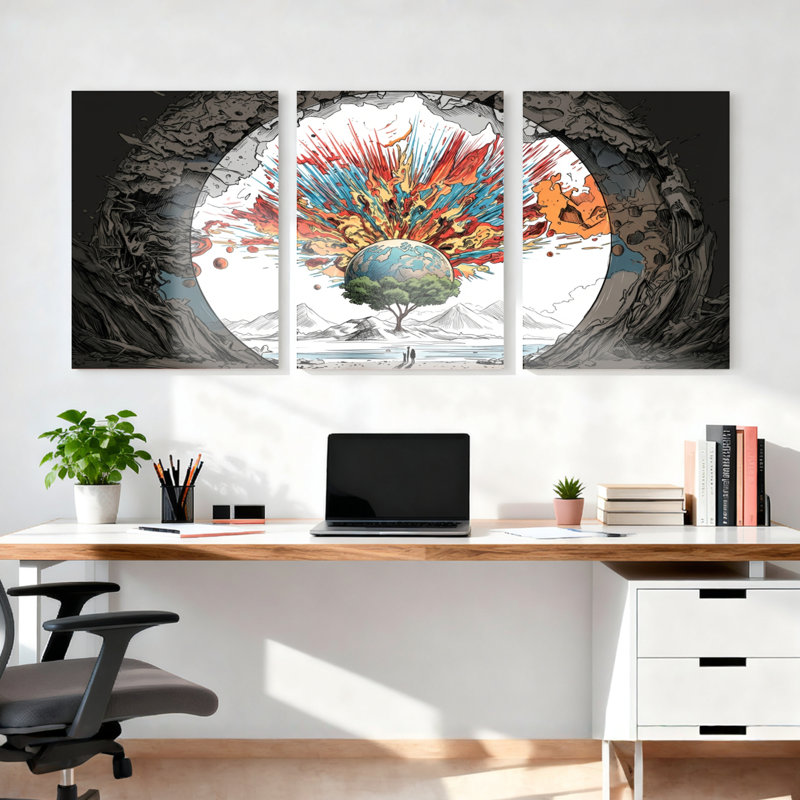 Ensemble de 3 toiles murales abstraites représentant une explosion d'arbre cosmique, idéales pour la décoration du salon, de la chambre ou de la maison.