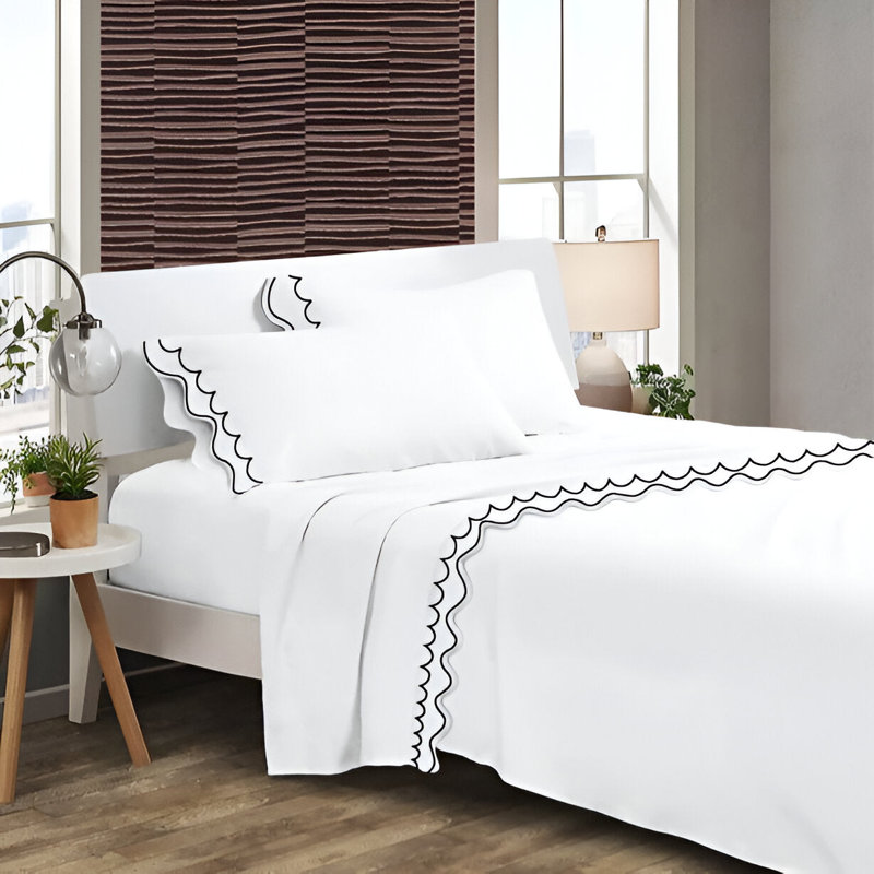 400TC Cotton Sateen Double Scallop Embroidery 4 Piece Sheet Set Fitted Sheet Fits Upto 16" Deep Pocket, Black Border