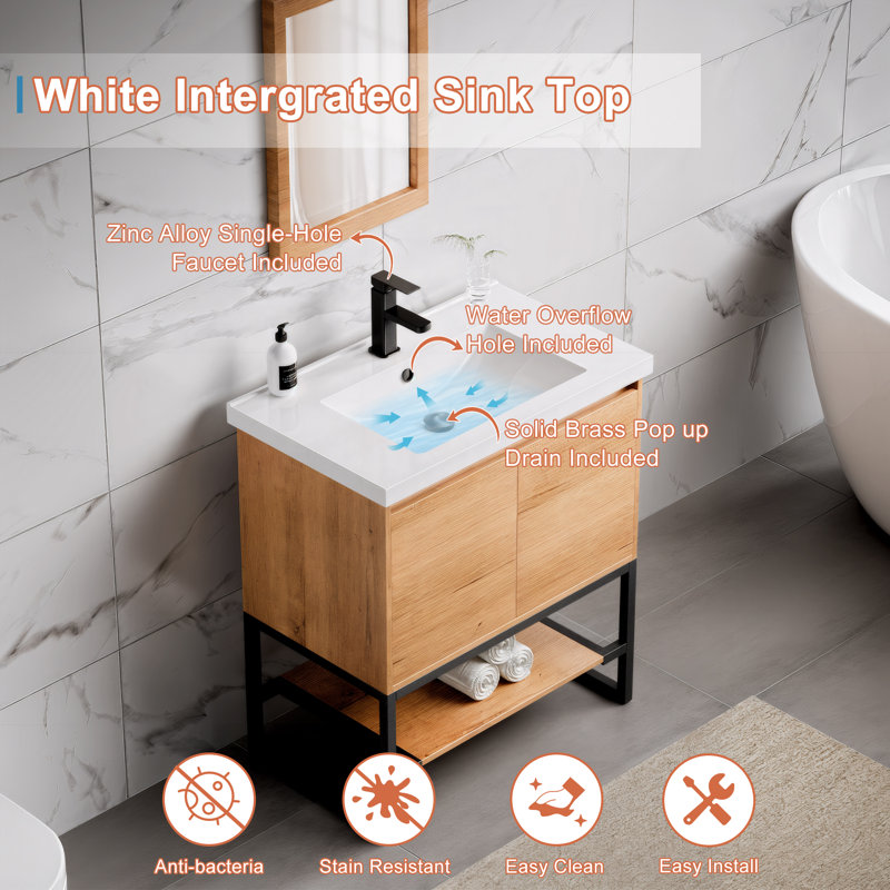 Azai 30'' Modern Single Bathroom Vanity Set with Sink Top, Faucet, Open Shelf, Metal Frame, Nature