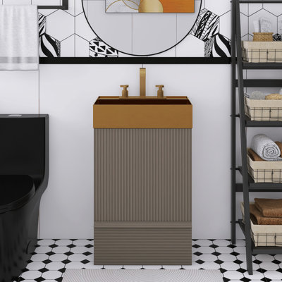 20" Striped Freestanding Bathroom Vanity With Integrated Brushed Gold 304 Stainless Steel Bathroom Sink