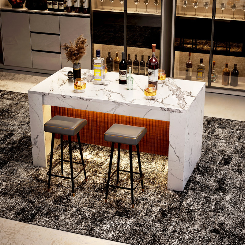 Table de salle à manger rectangulaire en imitation marbre de 63 po pour 4 à 6 personnes, îlot de cuisine moderne avec lumières à DEL et grille