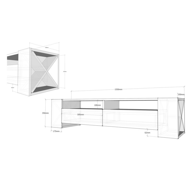 Modern TV Stand with Multiple Shelves, Walnut & White, 61.0 x 13.8 x 13.8 inches | 100% Melamine Coated Particle Board, Thickness: 0.7 inches | Stylish Storage Solution for Living Room & Entertainment Spaces