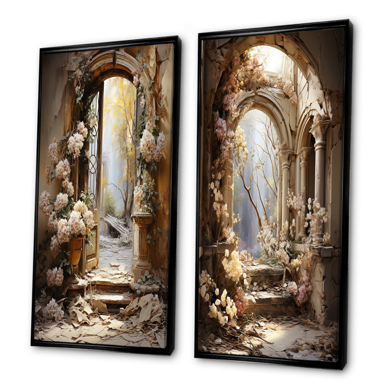 Ensemble de 2 ruines antiques Blooms II - Fantasy Wall Art, H 32 po x l 33 po, Cadre noir