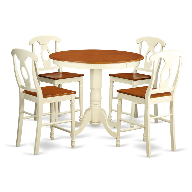 5 Piece Counter Height Pub Set Includes a Round Dining Table with Pedestal and 4 Dining Room Chairs, Black & Cherry