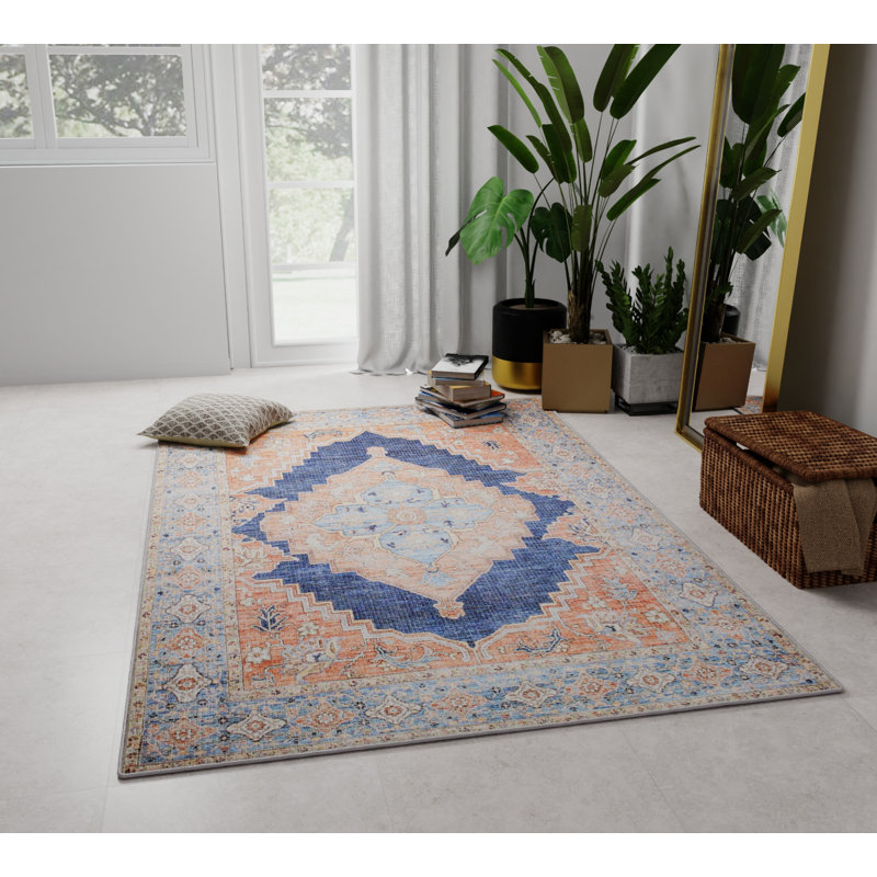 Oriental Blue and Orange Cotton Chenille 5' x 7' Rug