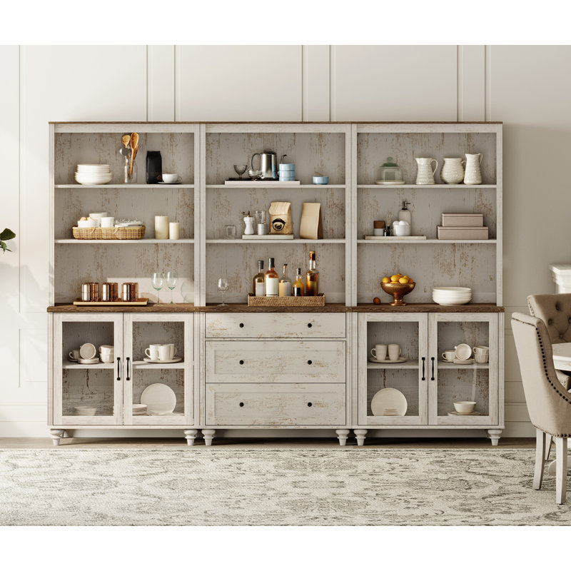 Buffet avec huche à barre, buffet avec 4 portes en verre, 3 tiroirs et 3 tablettes à niveaux, blanc rustique, 101 po