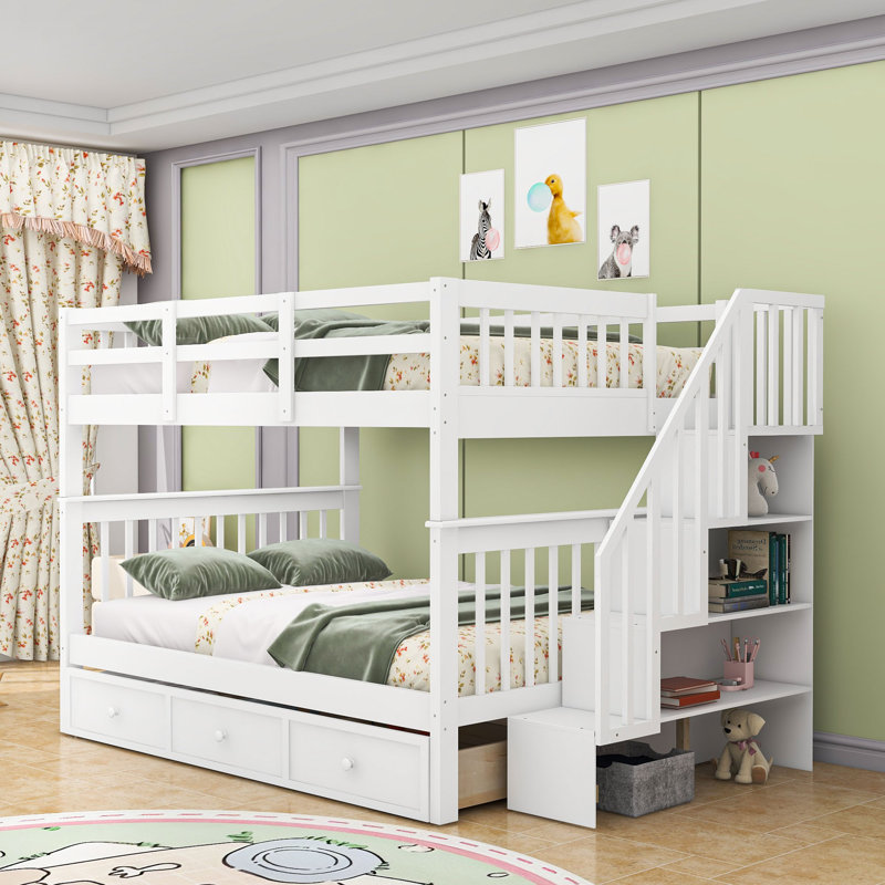 Lit superposé double en bois avec rangement, Blanc