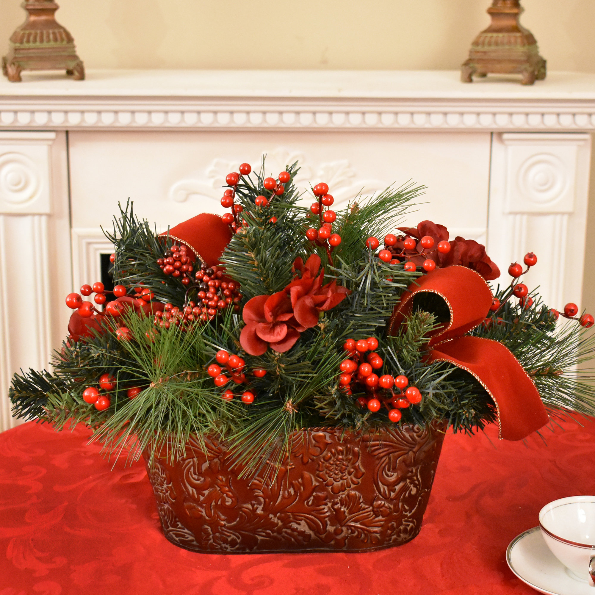 White Floral and Mixed Pine Christmas Centerpiece With Lantern Winter Floral  Centerpiecesilk Christmas Floral Arrangement 