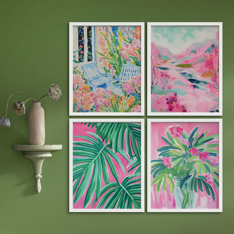 " Tropical And Floral Bright Botanical Preppy Room Decor Pink Decor Digital Modern Art Decor " 4 - Pieces, White