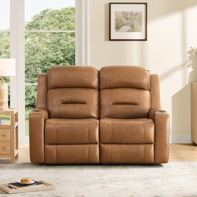 Olathe Genuine Leather Dual Motor Power Reclining Lay Flat Living Room Set With Power Headrest, Saddle