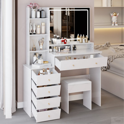 41" Large Sized Bedside Cabinet Vanity Table + Cushioned Stool, Extra Large Touch Control LED Mirror, 3-Color Switch, Multi Layer High Capacity Storage Fashionable Dresser, EPA, GCC, UL Certificate