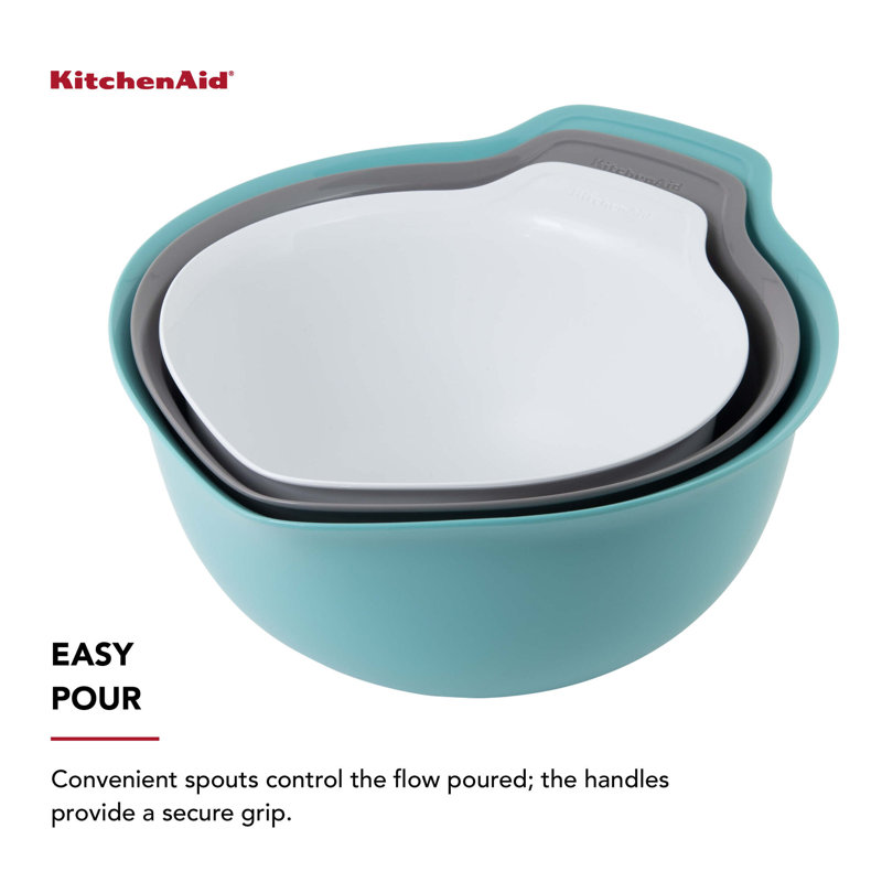 KitchenAid® Universal Nesting Plastic Mixing Bowls, Set of 3, Non-Slip Base, Easy Pour Spout, Blue/White/Gray