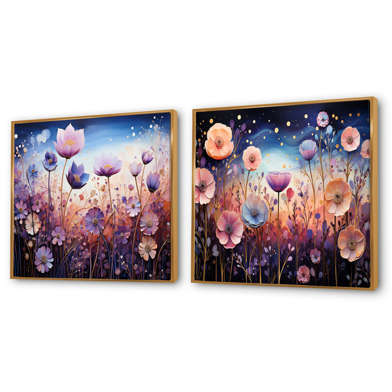 Blue Enchanted Gardens I - Abstract Botanicals Square - ensemble de 2 collages carrés, H 16 po x l 33 po, Cadre flottant doré