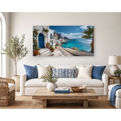 Mediterranean Seaside Village Blue Door Wrapped Canvas Wall Art