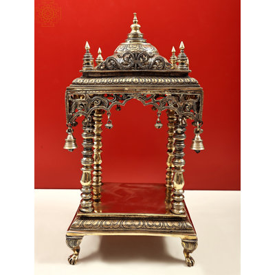 Handcrafted Brass Puja Temple with Bells, Tabletop Home Shrine with Lion Feet