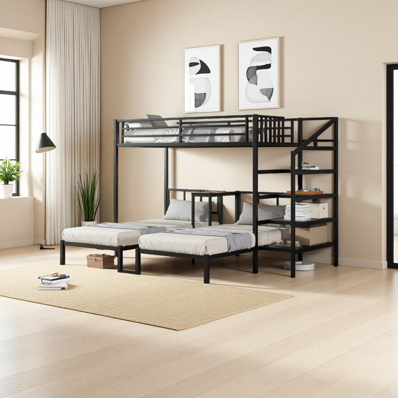 Lit superposé simple au-dessus de simple et simple pour 3 lits superposés Lit triple en métal avec bureau et tablettes, économie d'espace / réduction du bruit, noir