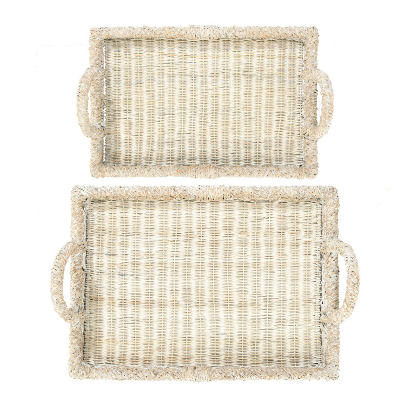 Whitewashed Rattan Decorative Trays with Handles, Set of 2