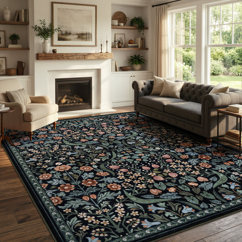 Tapis lavable à motif floral Kaldi, Rectangle 9 pi x 12 pi, Noir